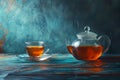 Glass teapot and cup of tea on colorful textured table Royalty Free Stock Photo