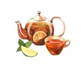 Glass teapot and cup of tea with mint and lemon, citrus. Watercolor hand-drawn illustration isolated on white background Royalty Free Stock Photo