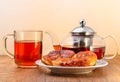 Glass teapot and cup with tea and plate of pancakes on wooden surface on yellow background