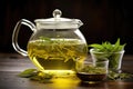 glass teapot filled with steeping green tea leaves