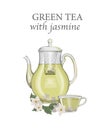 Glass teapot with green tea with jasmine Royalty Free Stock Photo