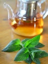 A glass teapot of herbal tea with fresh mint twig on wooden table