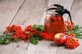 Glass teapot with hot beverage - berry apple citrus honey tea. Vitamins for autumn, winter. Immunity treatment for cold fall days Royalty Free Stock Photo