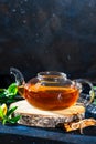 Glass teapot with hot tea. Place for text . Royalty Free Stock Photo