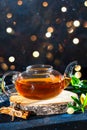 Glass teapot with hot tea. Place for text . Royalty Free Stock Photo