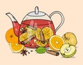 Glass teapot with hot drink with fruit and spices.