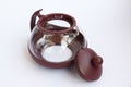 Glass teapot with plastic collapsible parts. Detailed display of the kettle