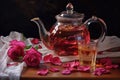 glass teapot with rose tea, with scattered rose petals and a tea strainer beside it