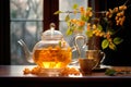 A glass teapot with sea-buckthorn berries, oolong tea in glass kettle on wooden table. Chinese traditional tea ceremony