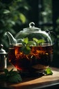 a glass teapot sitting next to a cup of iced water