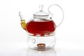 Glass teapot on glass stand heated by candle on white background, black tea in glass teapot isolated Royalty Free Stock Photo