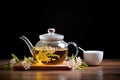 glass teapot steeping flower blossom tea, backlit