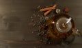 Glass teapot with tea. Flat lay