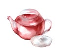 Glass teapot with tea isolated on white background. Watercolor hand drawn illustration Royalty Free Stock Photo