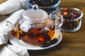 Glass Teapot of Warm Berries Tea Dried Berries and Plum Linen Napkin and Wooden Background Horizontal Rose Heap Tea