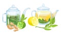 Glass Teapots with Aromatic and Spicy Fruit Tea with Lime and Lemon Rested Nearby Vector Set Royalty Free Stock Photo