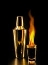 Glass with tequila shots on fire, flaming drink Royalty Free Stock Photo