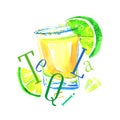 Glass of tequila with slices of lemon and title. Watercolor hand drawn expressive illustration