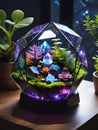 a glass terrarium with plants and rocks