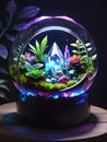 a glass terrarium with plants and rocks