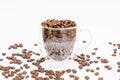 Glass thermos insulating cup transparent filled with roasted coffee beans on white underground Royalty Free Stock Photo