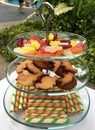 Glass three layer cake stand for outdoor pool party