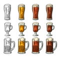 Glass with three types beer. Vintage black and color engraving Royalty Free Stock Photo