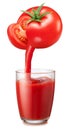 Glass tomato juice and fresh juice pouring from tomato fruit into the glass on white background Royalty Free Stock Photo