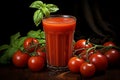 Glass of tomato juice and fresh tomatoes on rustic wooden table in natural light