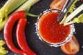 Glass of tomato juice with fresh tomatoes, spices , salt , celery, chili pepper , cocktail tubes on a black , top view, bloody