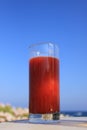 Glass of tomato juice and ocean