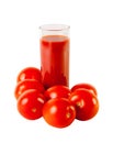 Glass with tomato juice and ripe tomatoes isolated on white Royalty Free Stock Photo