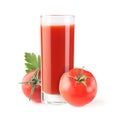 Glass of tomato juice and tomatoes isolated on white Royalty Free Stock Photo