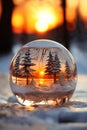 a glass toy with tiny Christmas trees inside as decoration for New Year holidays, forest, winter season