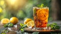 Glass of traditional iced tea garnished with lemon and mint