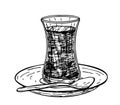 A glass of traditional Turkish tea. On a saucer. Vector sketch illustration icon isolated on white. Traditional oriental