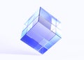 Glass translucent cube, crystal block with hologram gradient texture, 3d render icon. Clear square box with blue light