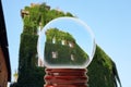 Glass transparent ball. The building is overgrown with vine lightly Royalty Free Stock Photo