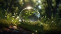 A glass transparent ball, symbolizing the planet, lies on the grass in the forest against the background of the sunset Royalty Free Stock Photo