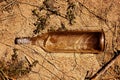 Glass transparent bottle on the clay floor