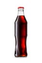 Glass transparent bottle of cola isolated on white. Brown soda beverage. Red crown cap Royalty Free Stock Photo