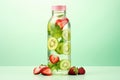 Glass transparent bottle with refreshing drink detox infused water with kiwi and strawberry. Isolated beverage on green Royalty Free Stock Photo