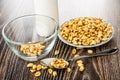 Glass bowl, bottle of yogurt, puffed wheat in saucer, spoon on table