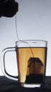 Glass transparent glass of the brewed tea. Tea is in a tea bag.