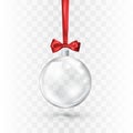 Glass transparent Christmas ball ornate by red bow and ribbon. Element of holiday decoration. Vector illustration Royalty Free Stock Photo