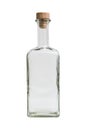 Glass transparent empty simple square bottle with plug on isolated background.