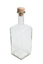 Glass transparent empty simple square bottle with plug on isolated background.