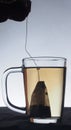 Glass transparent glass of the brewed tea. Tea is in a tea bag.