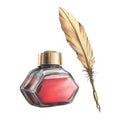 Glass transparent inkwell, red ink jar with gold lid, Gold pen with quill feather. Hand drawn watercolor