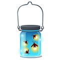 Glass transparent jar with glowing insects isolated on white background. Vector cartoon close-up illustration. Royalty Free Stock Photo